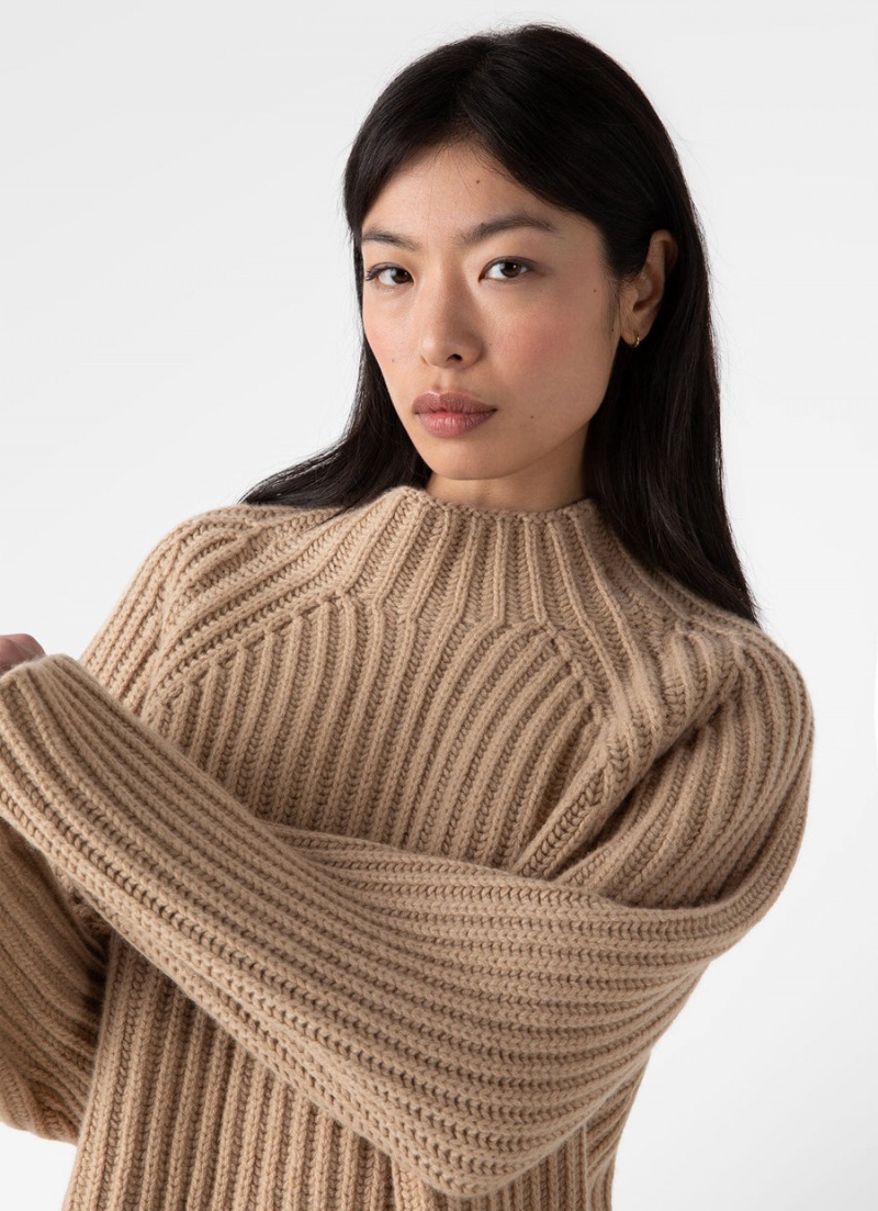 Beige Sunspel Lambswool Chunky Funnel Neck Jumper | 80613-VULM | USA