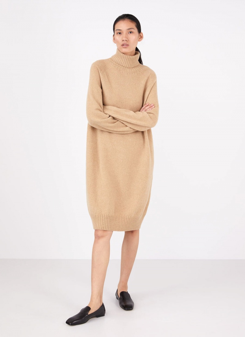 Beige Sunspel Lambswool Roll Neck Dress | 17932-MIEJ | USA