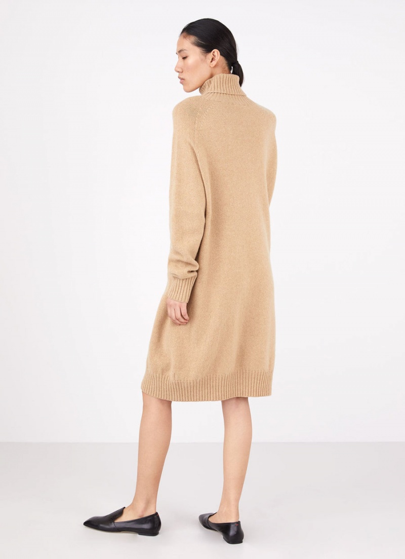 Beige Sunspel Lambswool Roll Neck Dress | 17932-MIEJ | USA