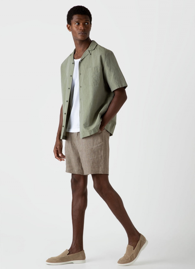 Beige Sunspel Pleated Linen Short | 37560-RALG | USA