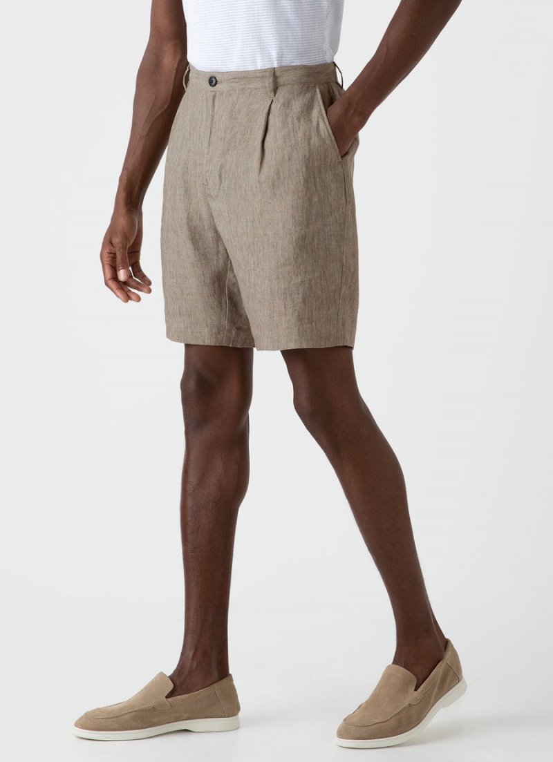 Beige Sunspel Pleated Linen Short | 37560-RALG | USA