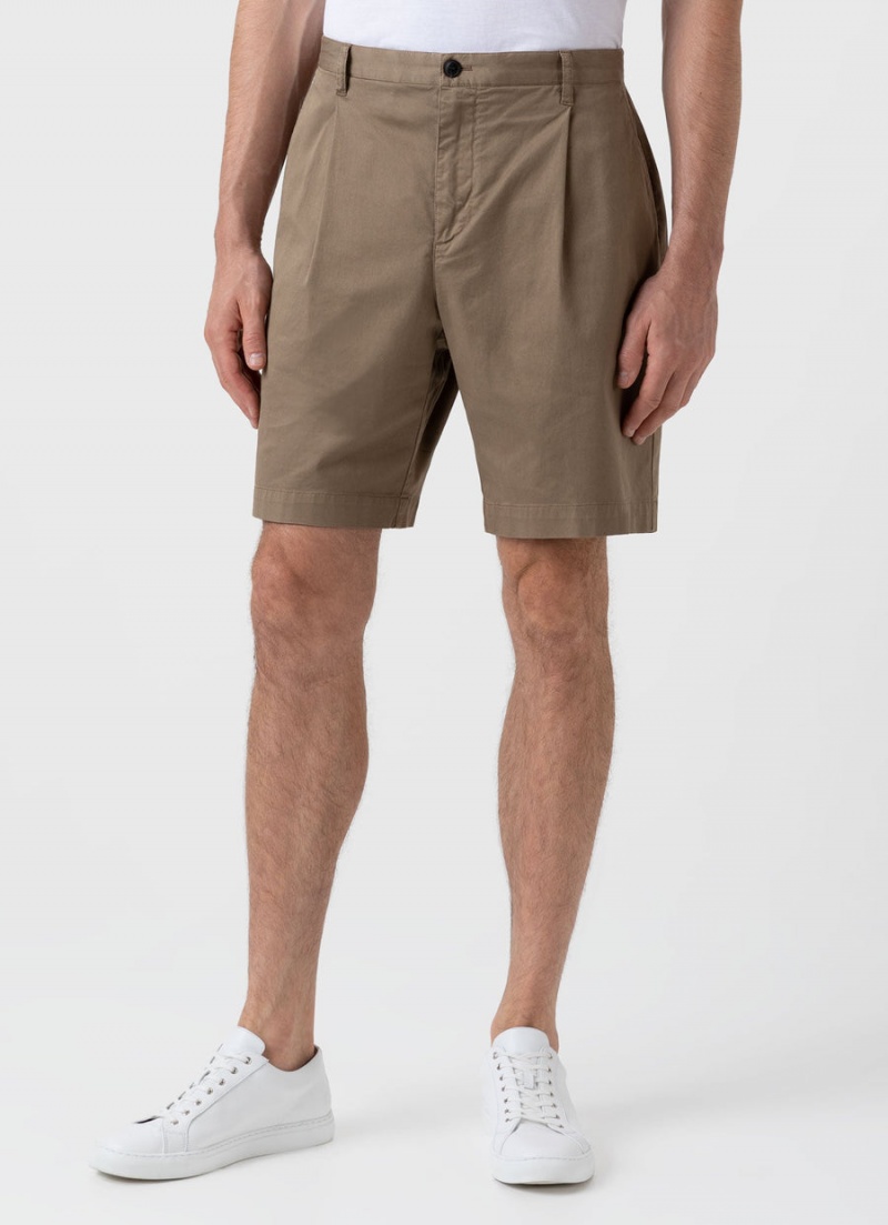 Beige Sunspel Pleated Twill Shorts | 73612-FDBO | USA