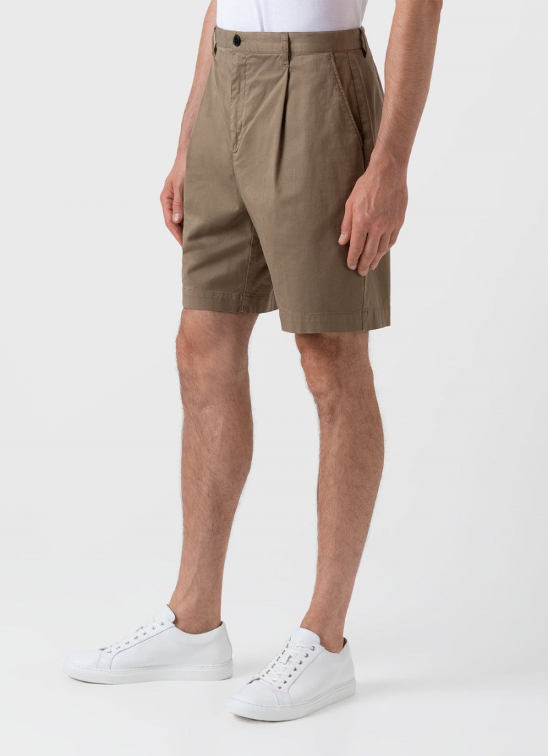 Beige Sunspel Pleated Twill Shorts | 73612-FDBO | USA