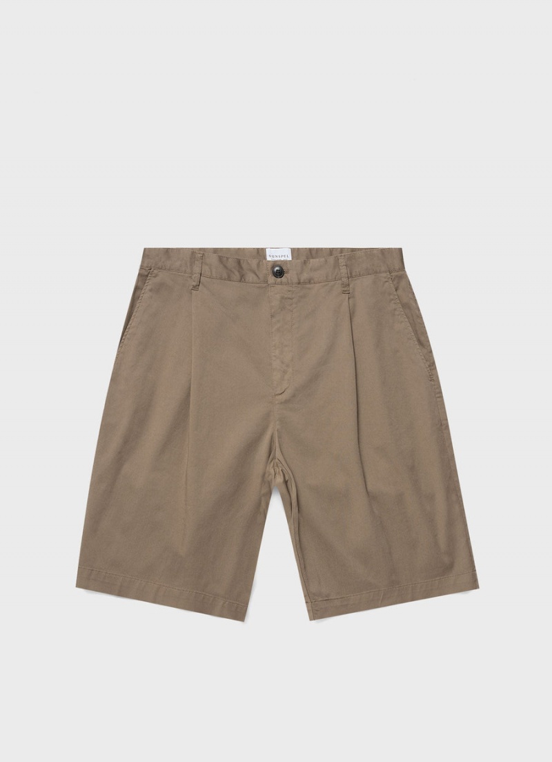 Beige Sunspel Pleated Twill Shorts | 73612-FDBO | USA