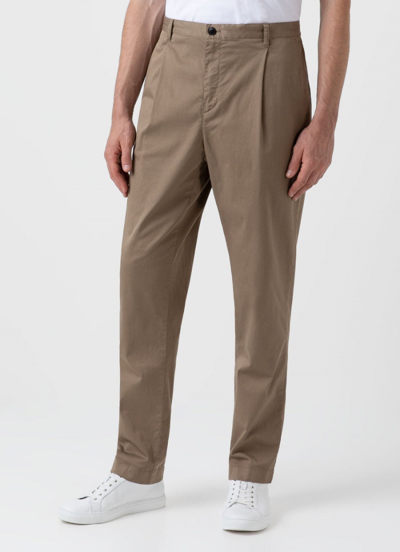 Beige Sunspel Pleated Twill Trouser | 40278-CQYV | USA