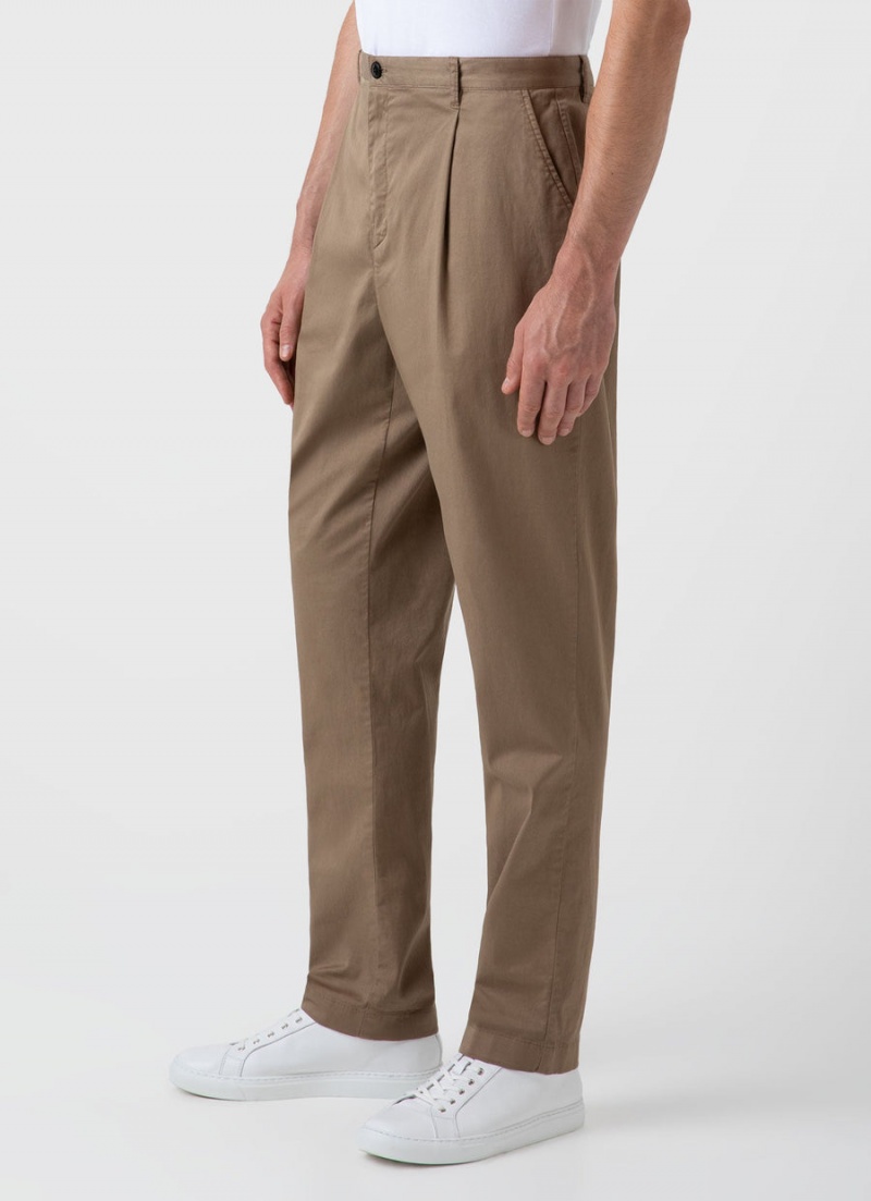 Beige Sunspel Pleated Twill Trouser | 40278-CQYV | USA