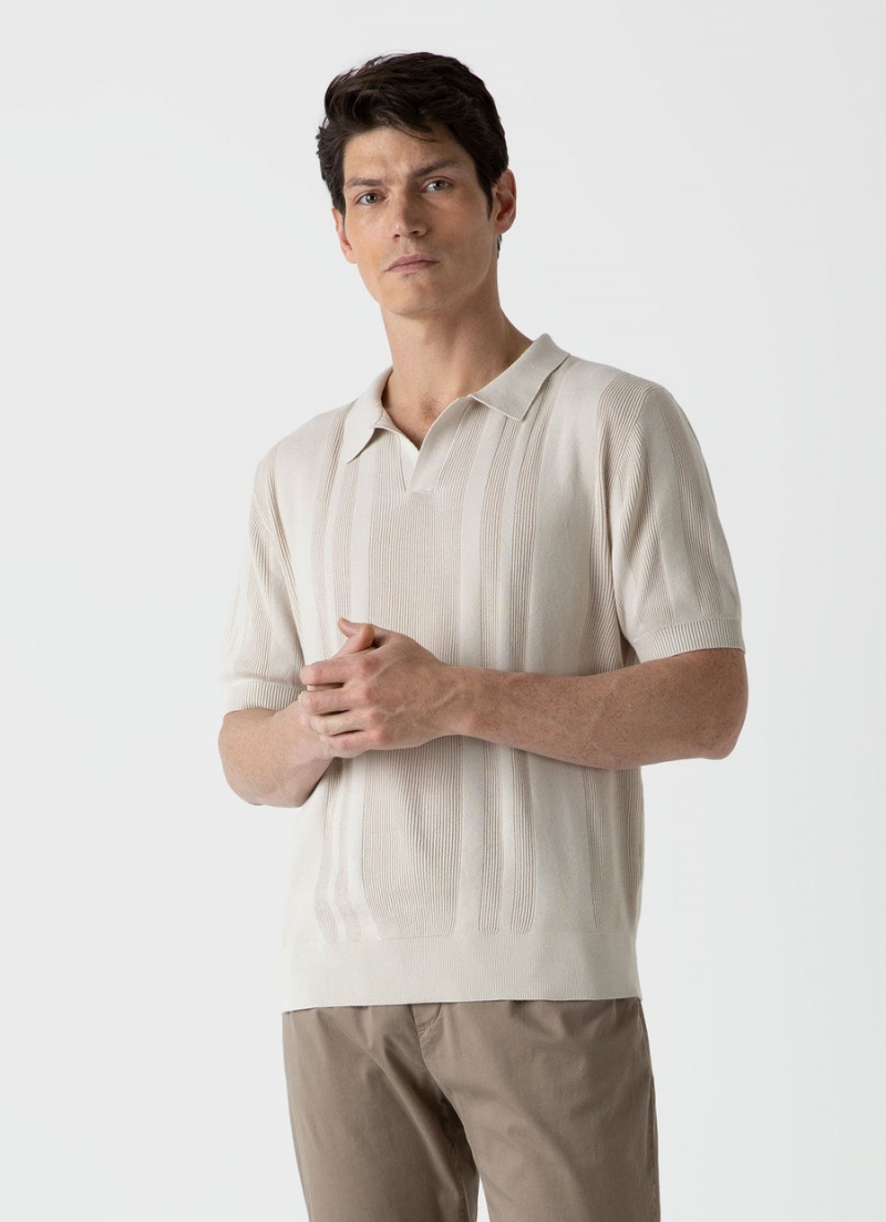 Beige Sunspel Rib Knit Polo Shirt | 19678-UERH | USA