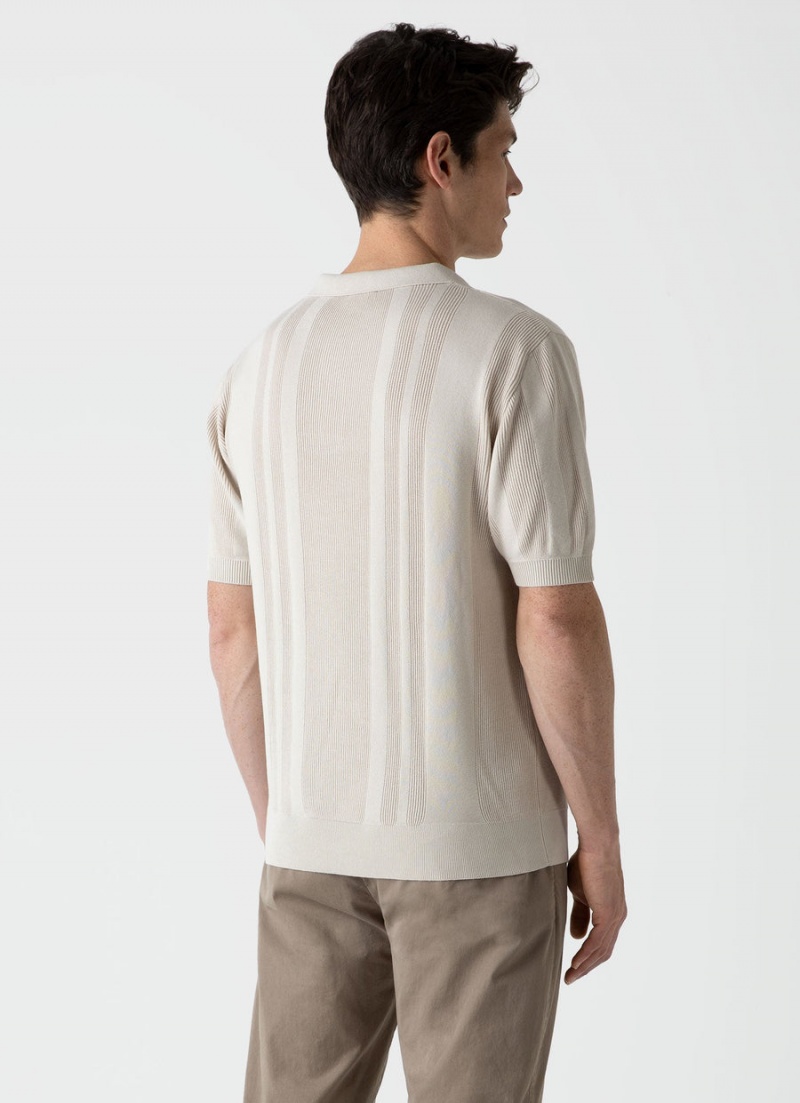 Beige Sunspel Rib Knit Polo Shirt | 19678-UERH | USA