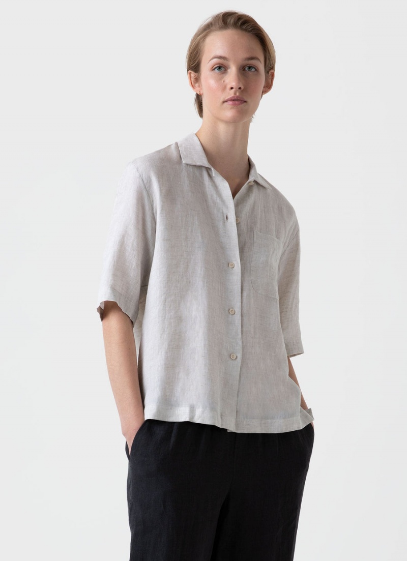 Beige Sunspel Short Sleeve Linen Shirt | 36795-DOBY | USA