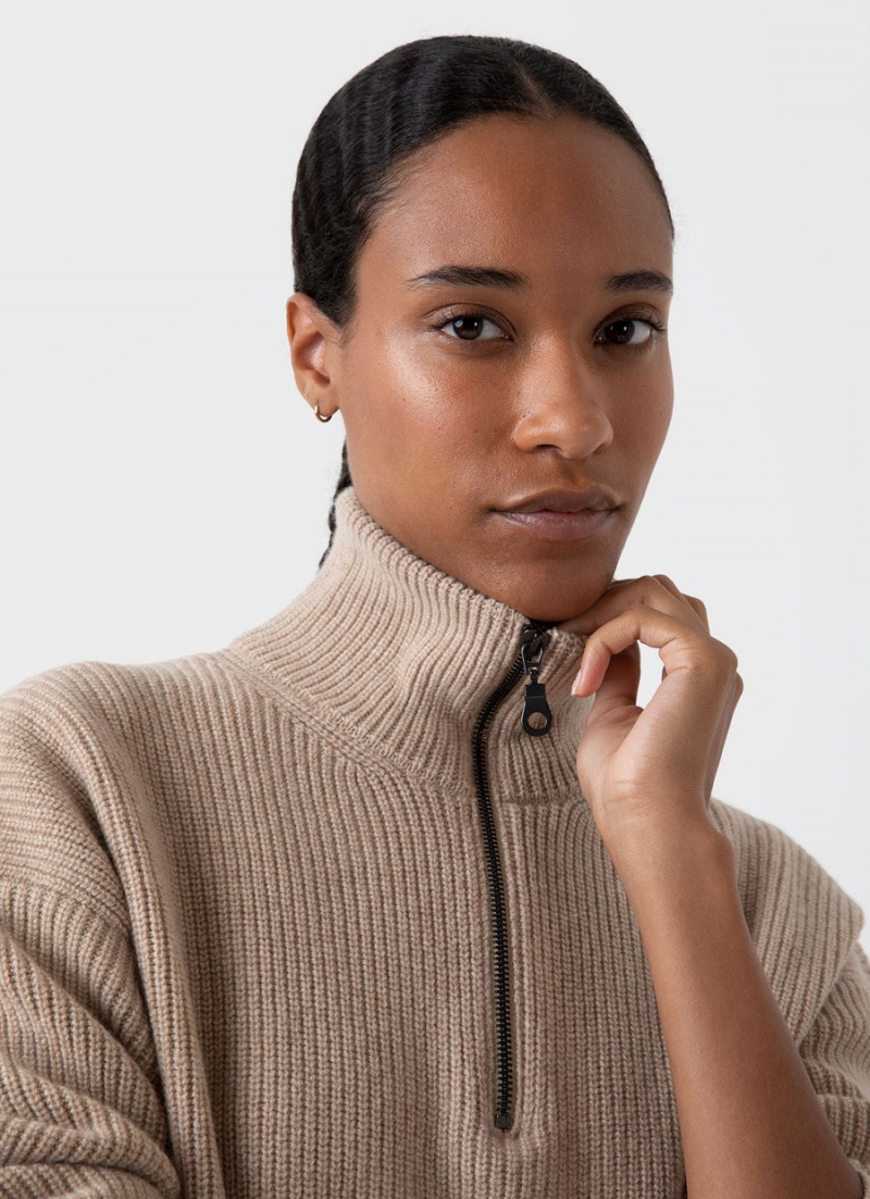 Beige Sunspel Wool Cashmere Rib Zip Neck | 23946-HDYO | USA