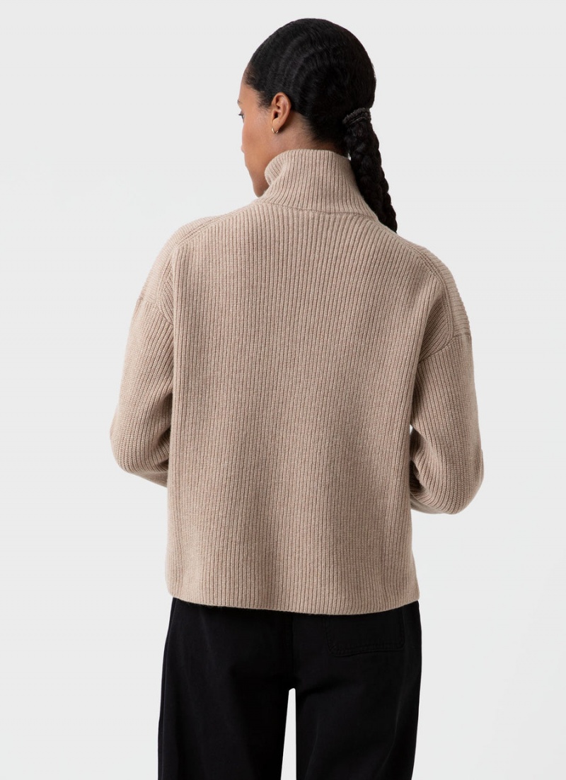 Beige Sunspel Wool Cashmere Rib Zip Neck | 23946-HDYO | USA