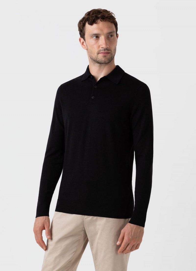 Black Sunspel Extra‑Fine Merino Polo Shirt | 10572-MJWY | USA