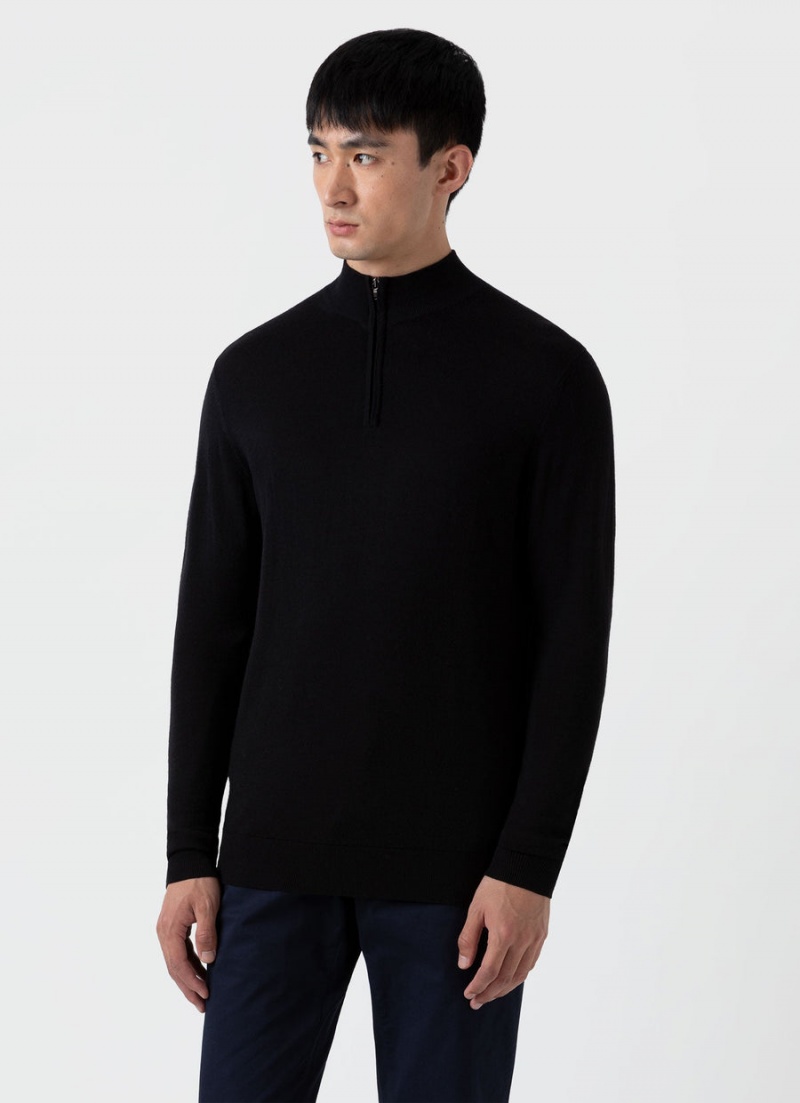 Black Sunspel Extra‑Fine Merino Zip Neck | 80132-UHAQ | USA