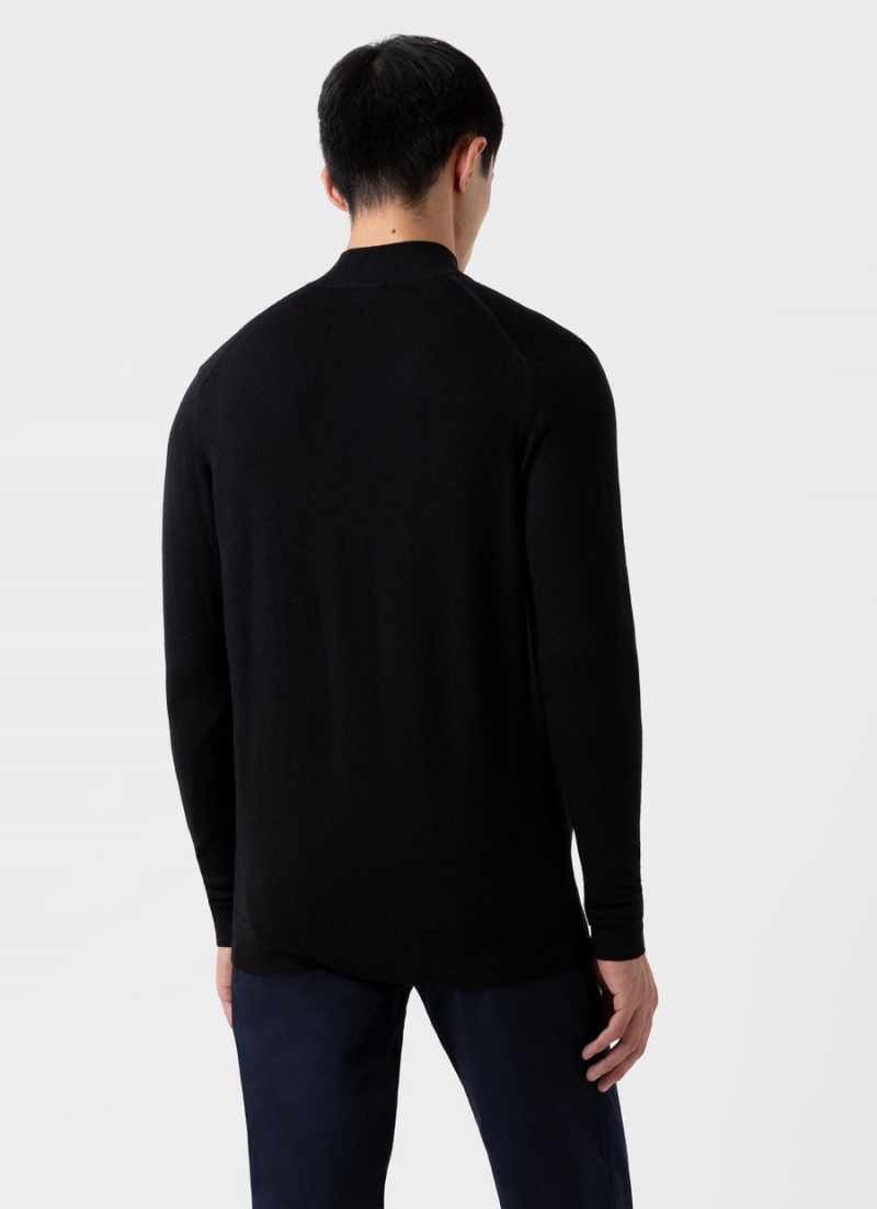 Black Sunspel Extra‑Fine Merino Zip Neck | 80132-UHAQ | USA