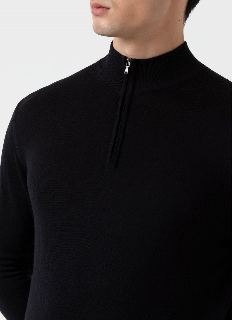 Black Sunspel Extra‑Fine Merino Zip Neck | 80132-UHAQ | USA