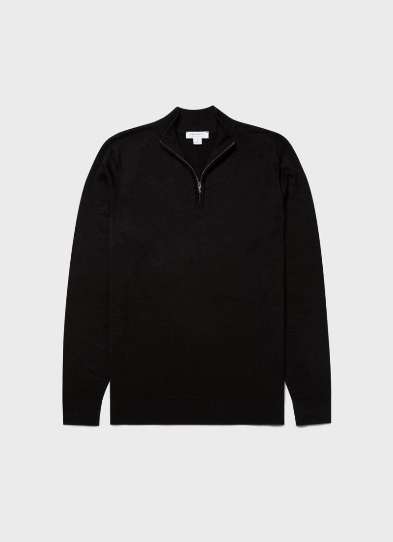 Black Sunspel Extra‑Fine Merino Zip Neck | 80132-UHAQ | USA