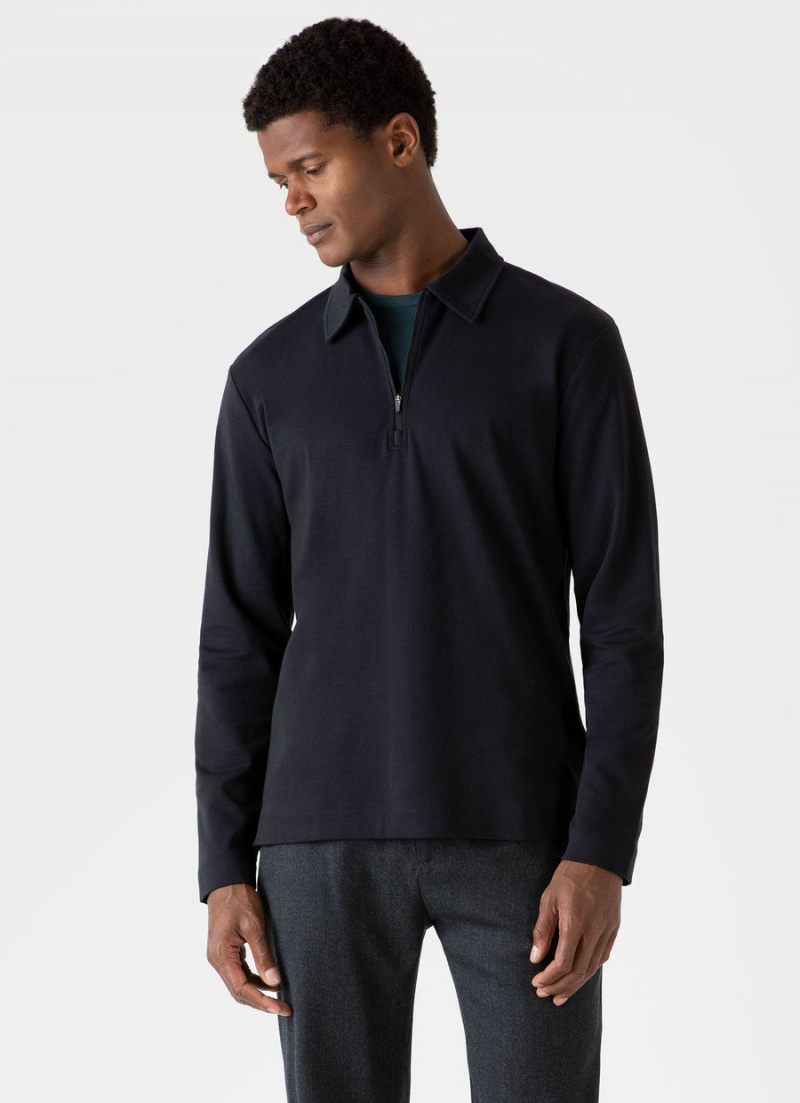 Black Sunspel Half Zip Heavyweight Polo Shirt | 53960-JOEQ | USA