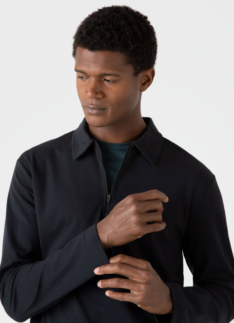 Black Sunspel Half Zip Heavyweight Polo Shirt | 53960-JOEQ | USA