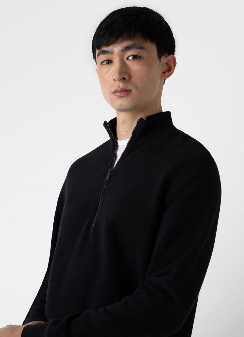 Black Sunspel Half Zip Loopback Sweatshirt | 20361-YMLC | USA