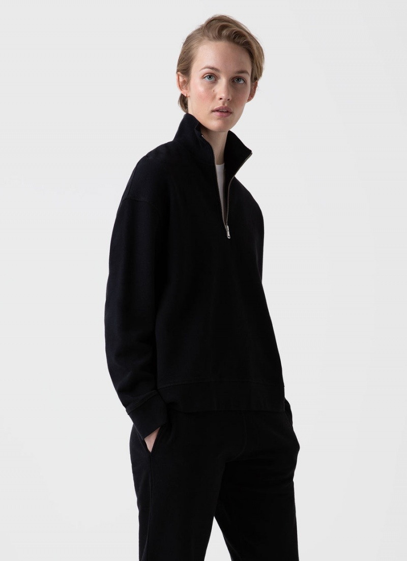 Black Sunspel Half Zip Loopback Sweatshirt | 91307-MJKY | USA