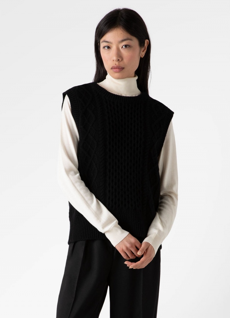 Black Sunspel Lambswool Cable Knit Vest | 85729-AHUP | USA