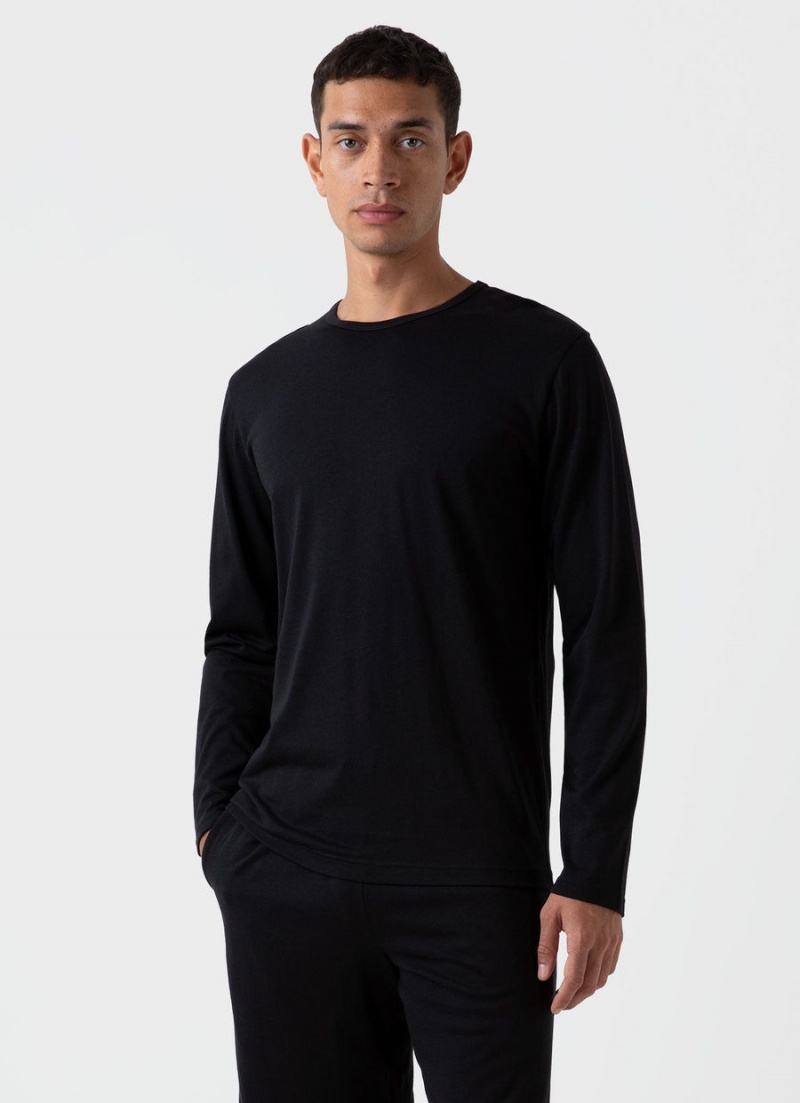 Black Sunspel Long Sleeve Cotton Modal Lounge T-shirt | 46012-CZPW | USA