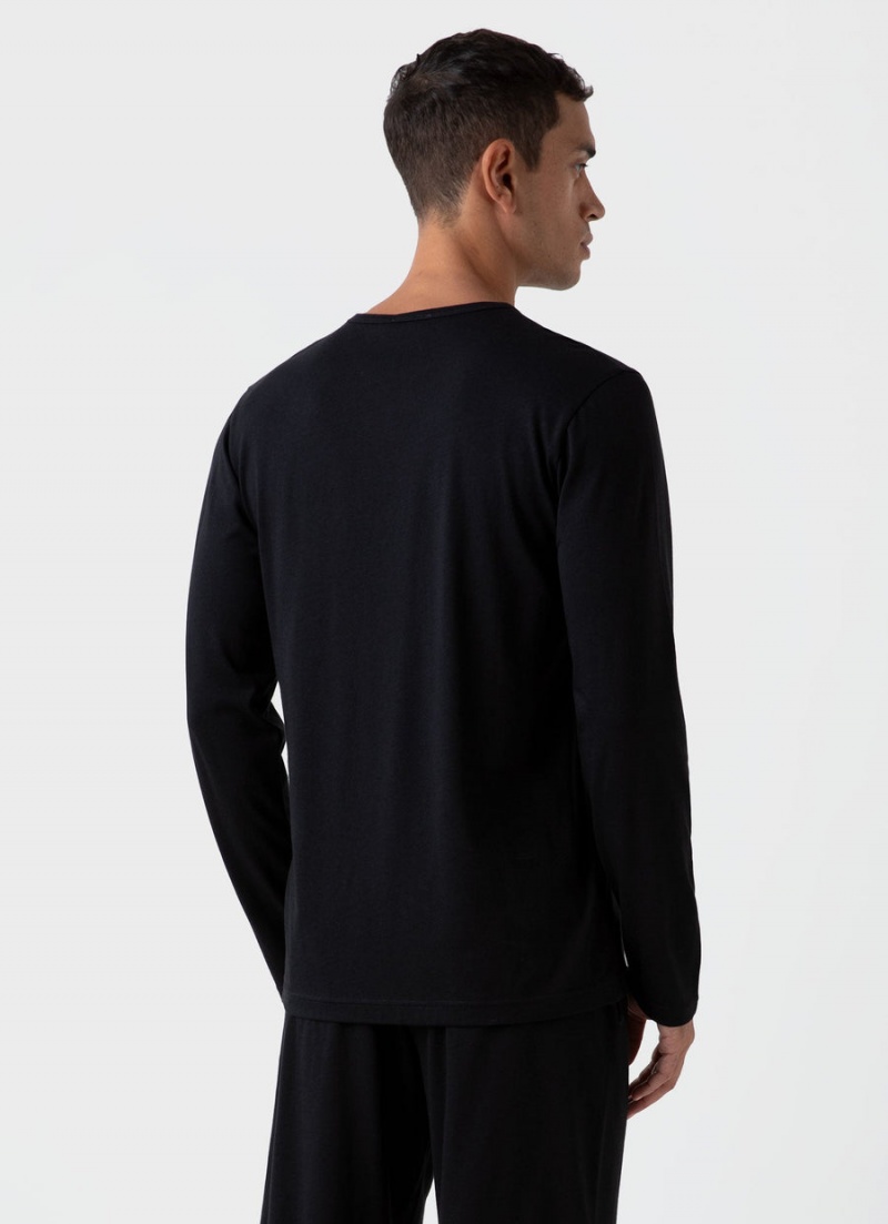 Black Sunspel Long Sleeve Cotton Modal Lounge T-shirt | 46012-CZPW | USA