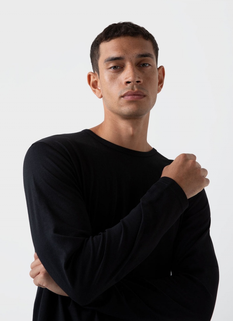 Black Sunspel Long Sleeve Cotton Modal Lounge T-shirt | 46012-CZPW | USA