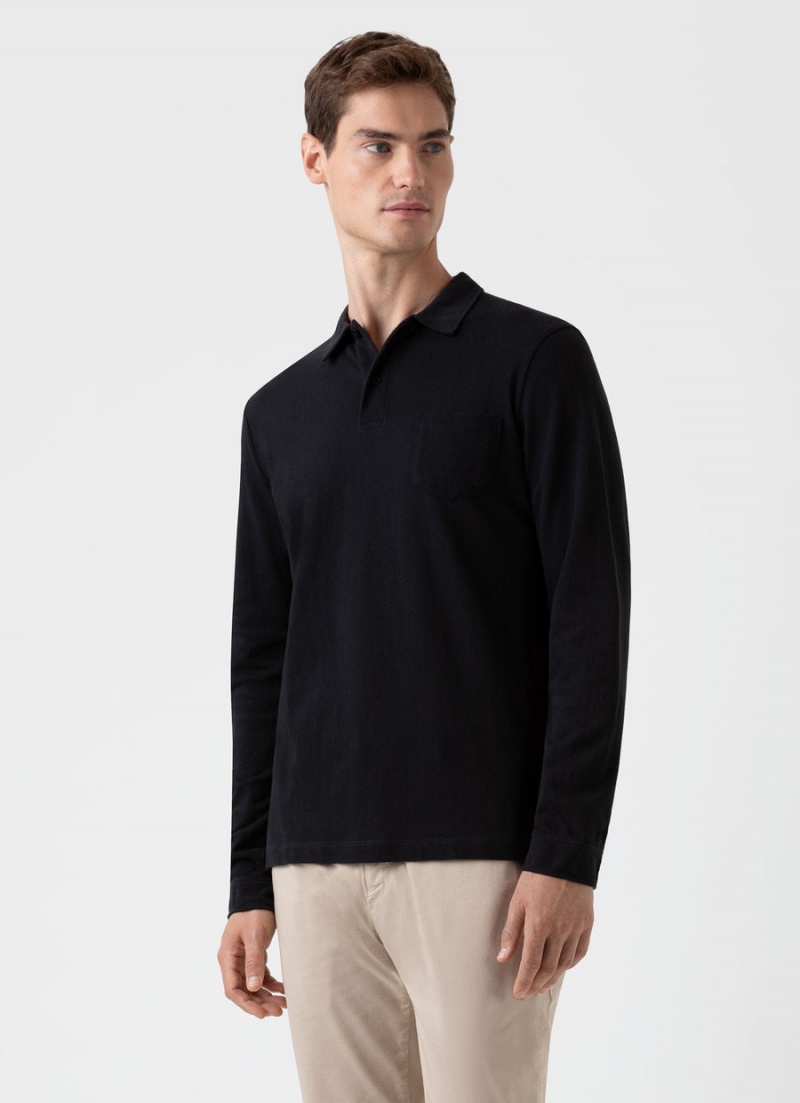 Black Sunspel Long Sleeve Riviera Polo Shirt | 97183-LQJV | USA