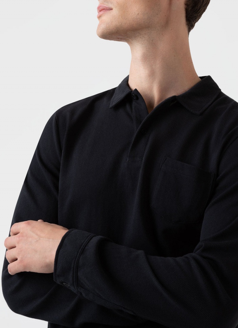 Black Sunspel Long Sleeve Riviera Polo Shirt | 97183-LQJV | USA