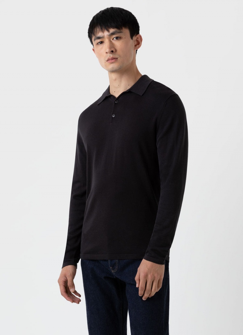 Black Sunspel Long Sleeve Sea Island Cotton Polo Shirt | 18294-HWDC | USA