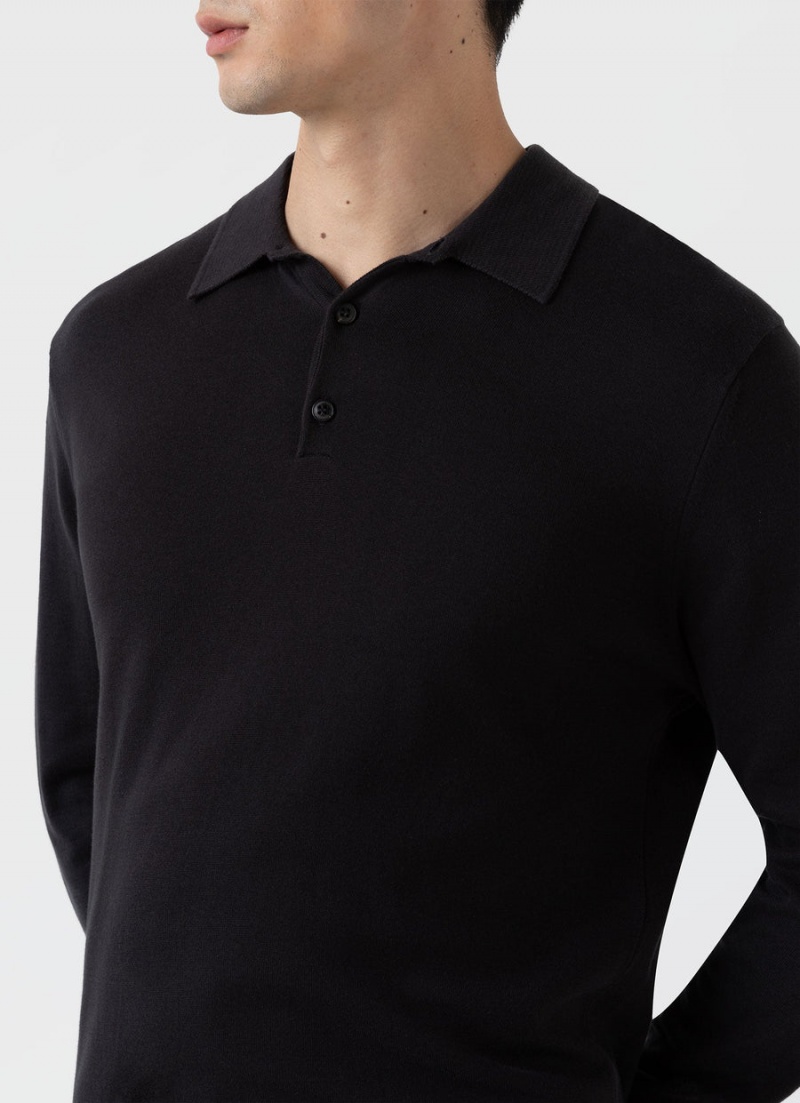 Black Sunspel Long Sleeve Sea Island Cotton Polo Shirt | 18294-HWDC | USA