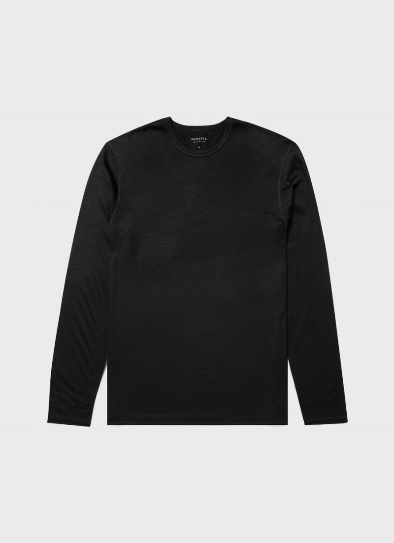 Black Sunspel Long Sleeve Thermal Merino T-shirt | 83052-TAKY | USA