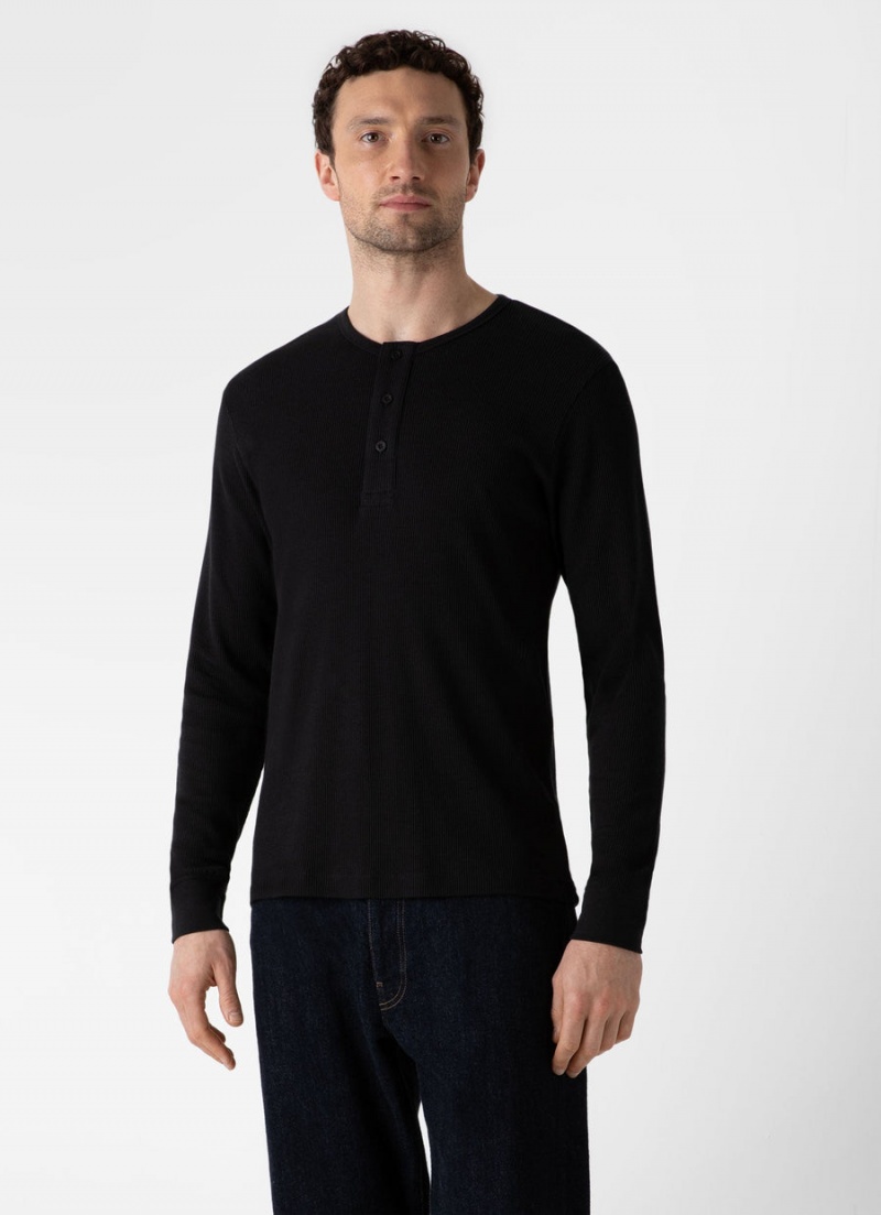 Black Sunspel Long Sleeve Waffle Henley | 24760-HWIX | USA