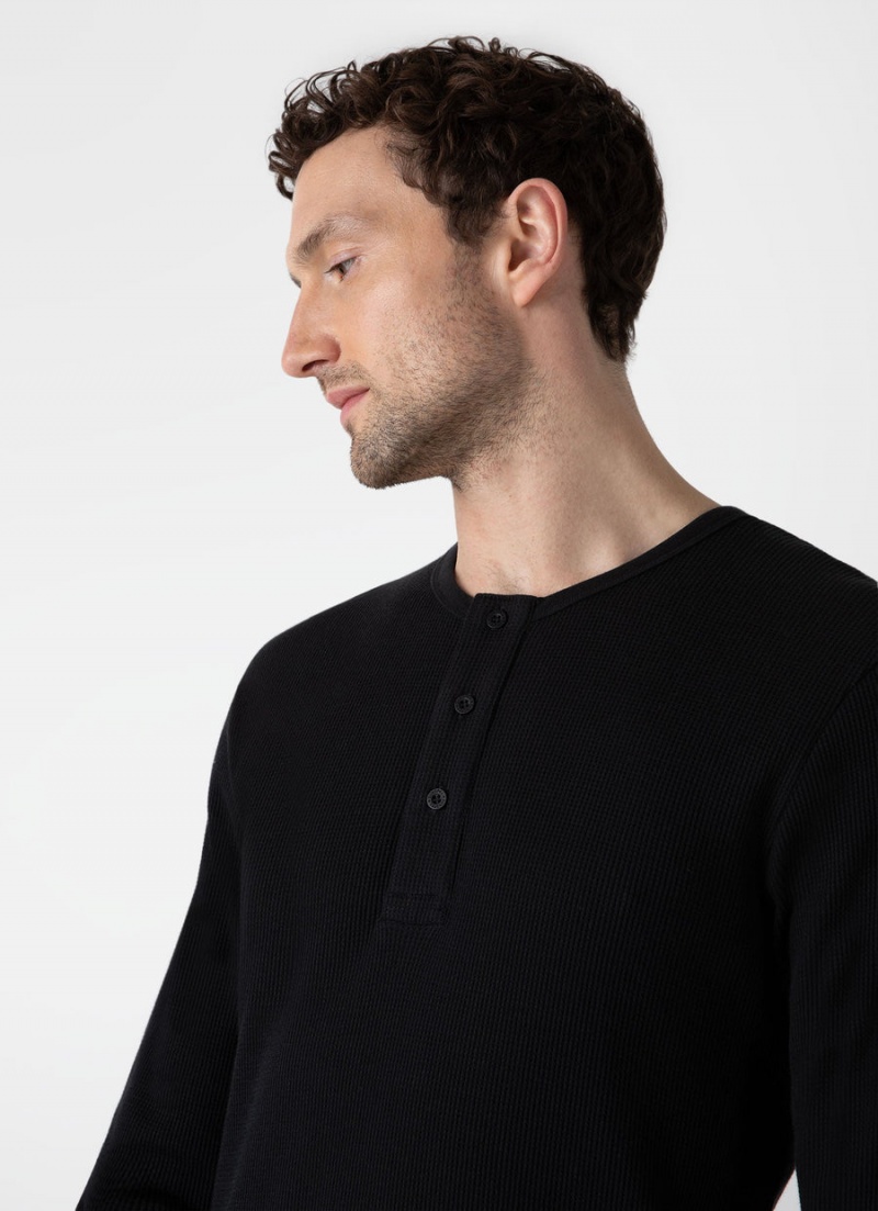 Black Sunspel Long Sleeve Waffle Henley | 24760-HWIX | USA