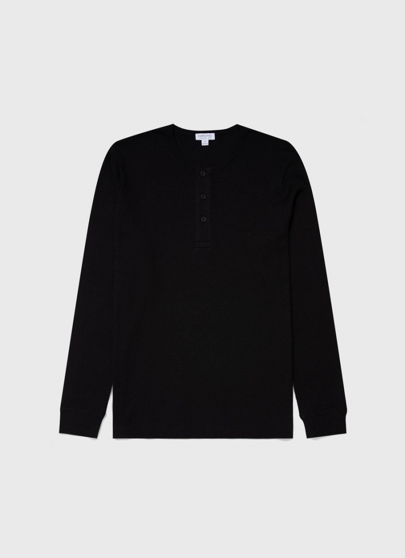 Black Sunspel Long Sleeve Waffle Henley | 24760-HWIX | USA