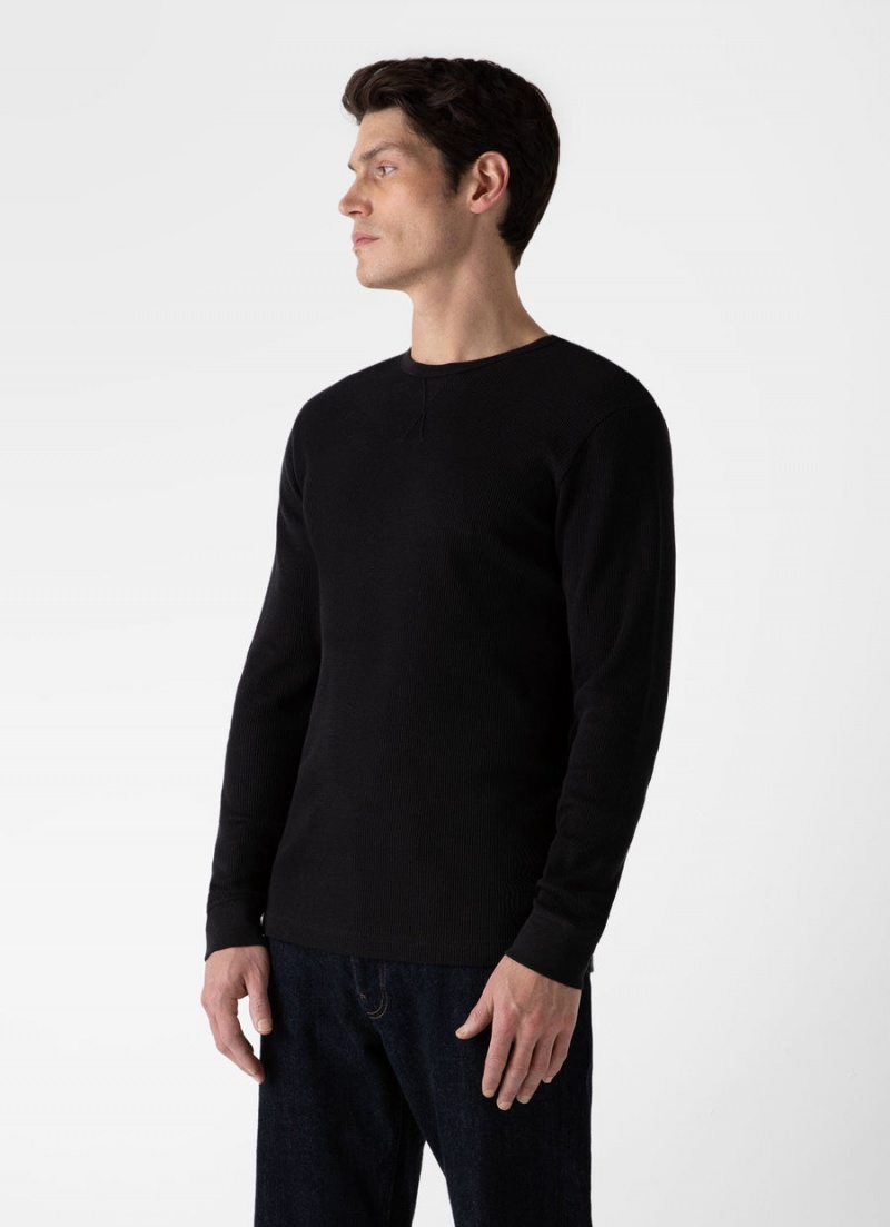 Black Sunspel Long Sleeve Waffle T-shirt | 78612-VHJT | USA