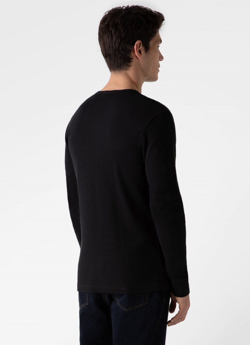 Black Sunspel Long Sleeve Waffle T-shirt | 78612-VHJT | USA