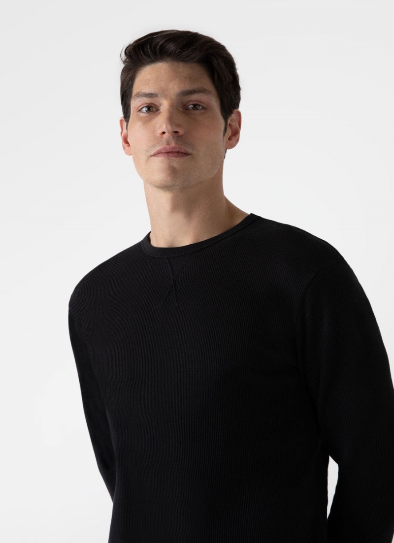 Black Sunspel Long Sleeve Waffle T-shirt | 78612-VHJT | USA