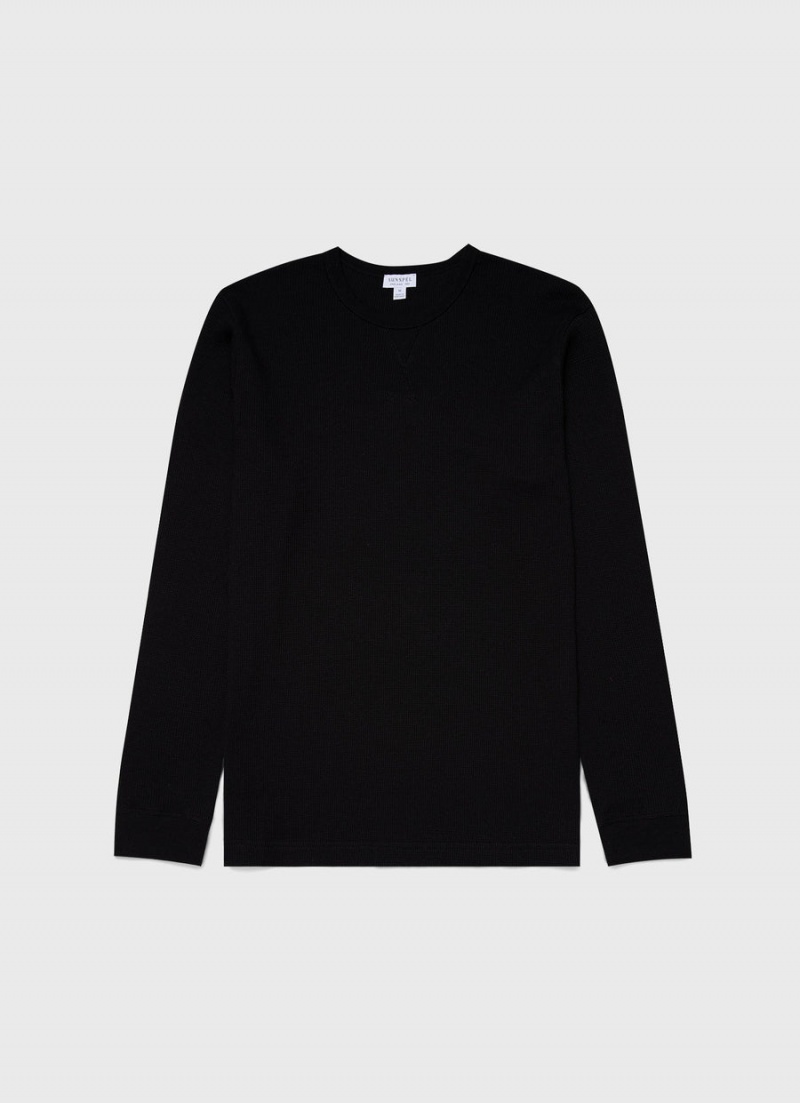 Black Sunspel Long Sleeve Waffle T-shirt | 78612-VHJT | USA