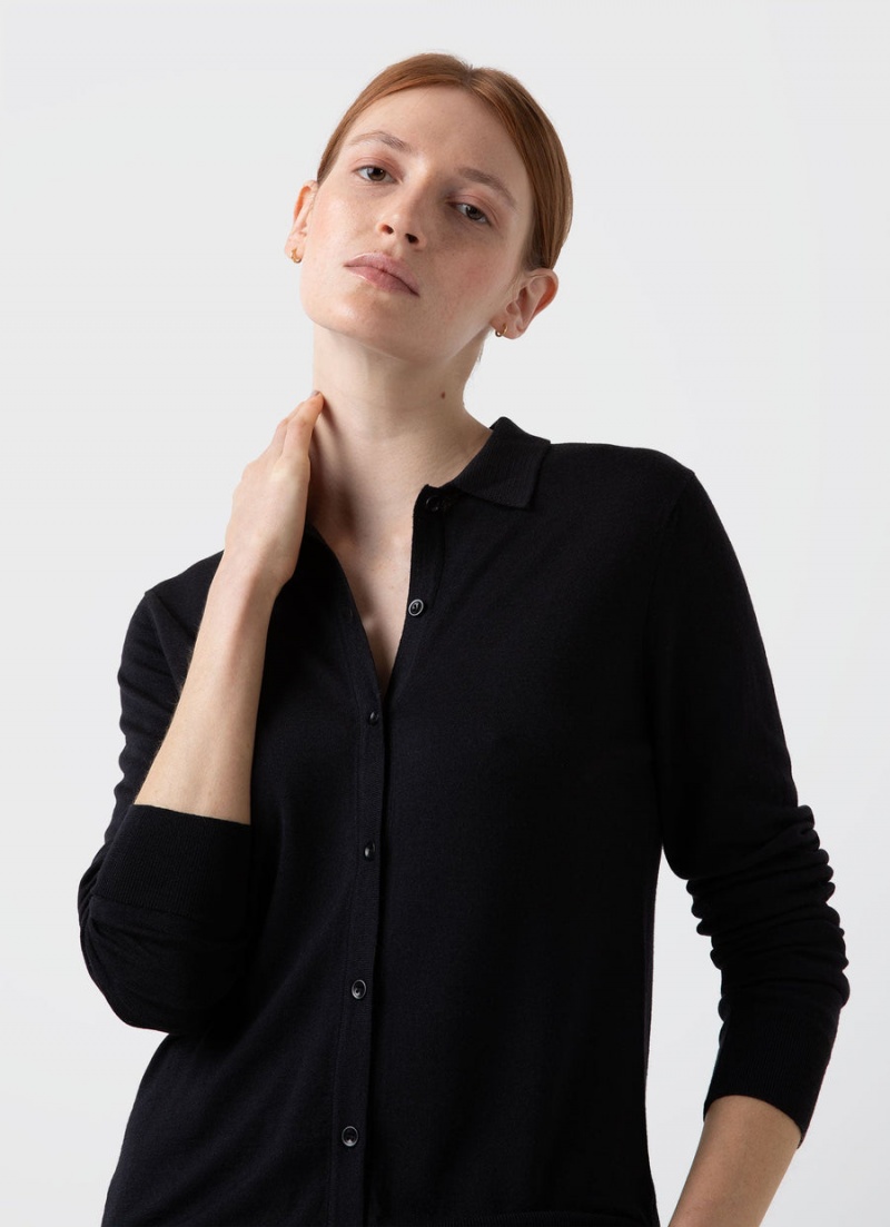 Black Sunspel Merino Silk Collar Cardigan | 15639-QYOE | USA