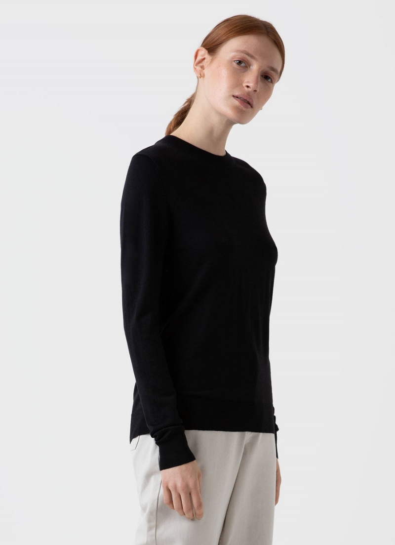 Black Sunspel Merino Silk Crew Neck jumper | 78260-YLKT | USA