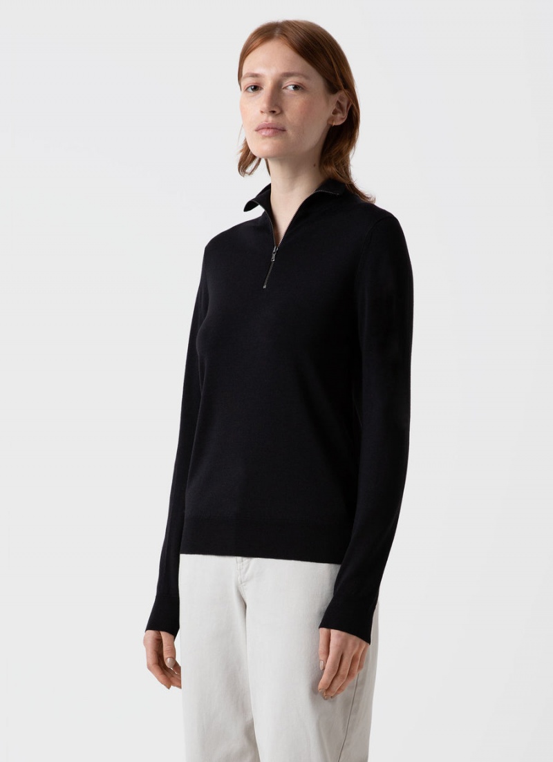 Black Sunspel Merino Silk Zip Neck Jumper | 74309-MEJX | USA