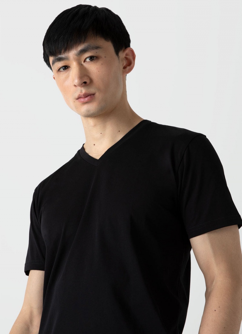 Black Sunspel Riviera Midweight V Neck T-shirt | 53768-TCVE | USA