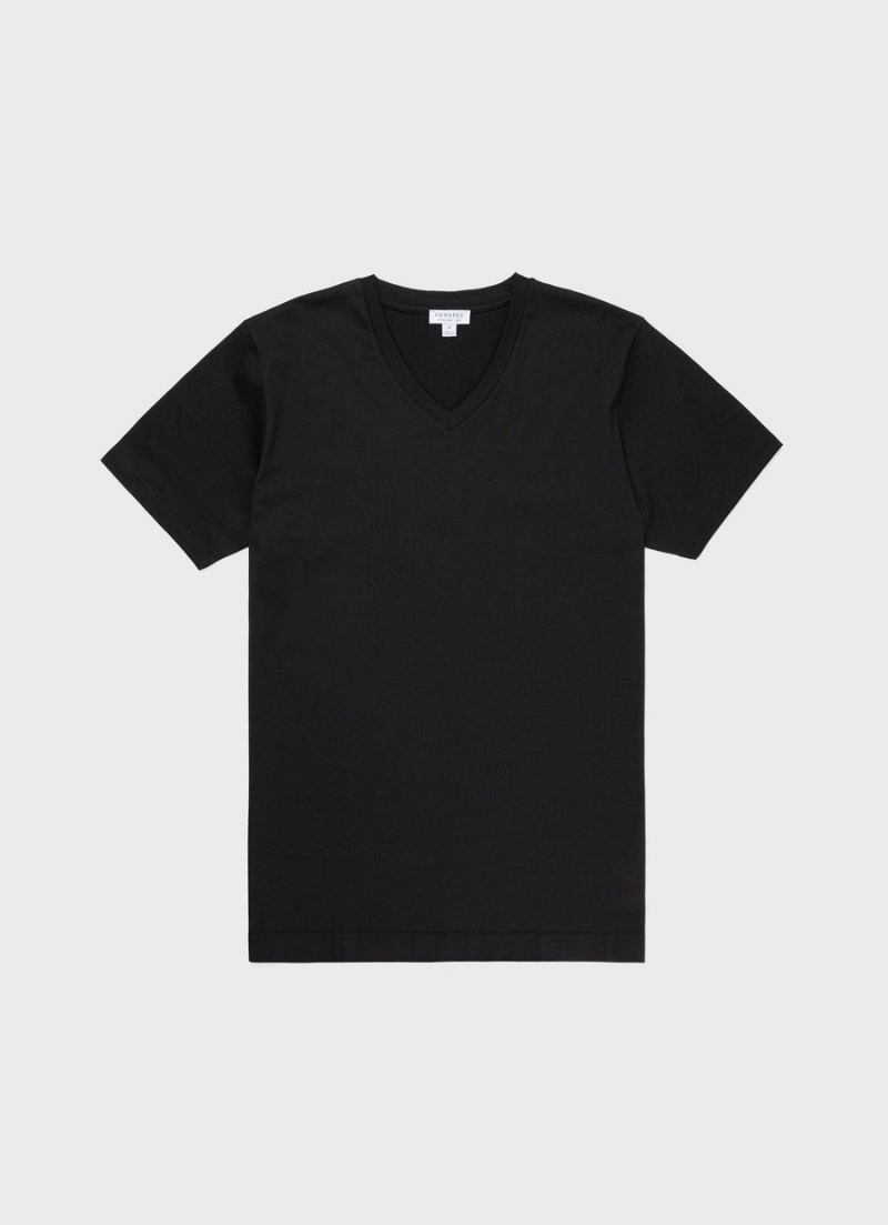 Black Sunspel Riviera Midweight V Neck T-shirt | 53768-TCVE | USA