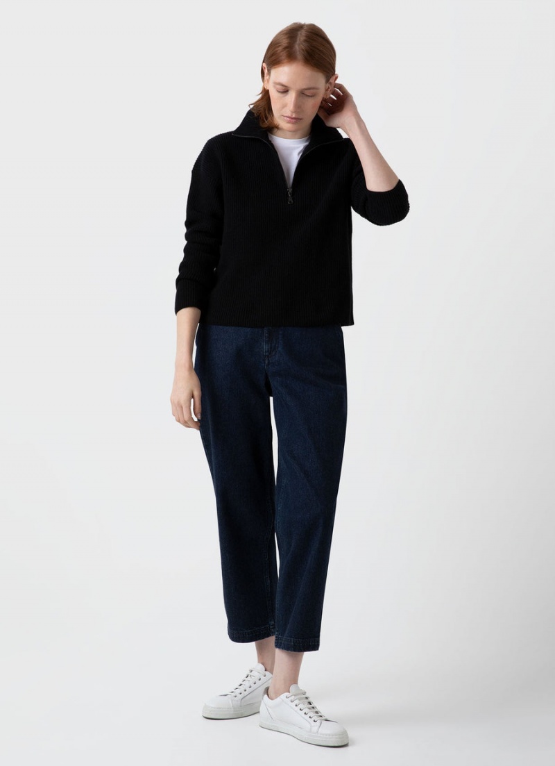 Black Sunspel Wool Cashmere Rib Zip Neck | 34067-LUWP | USA