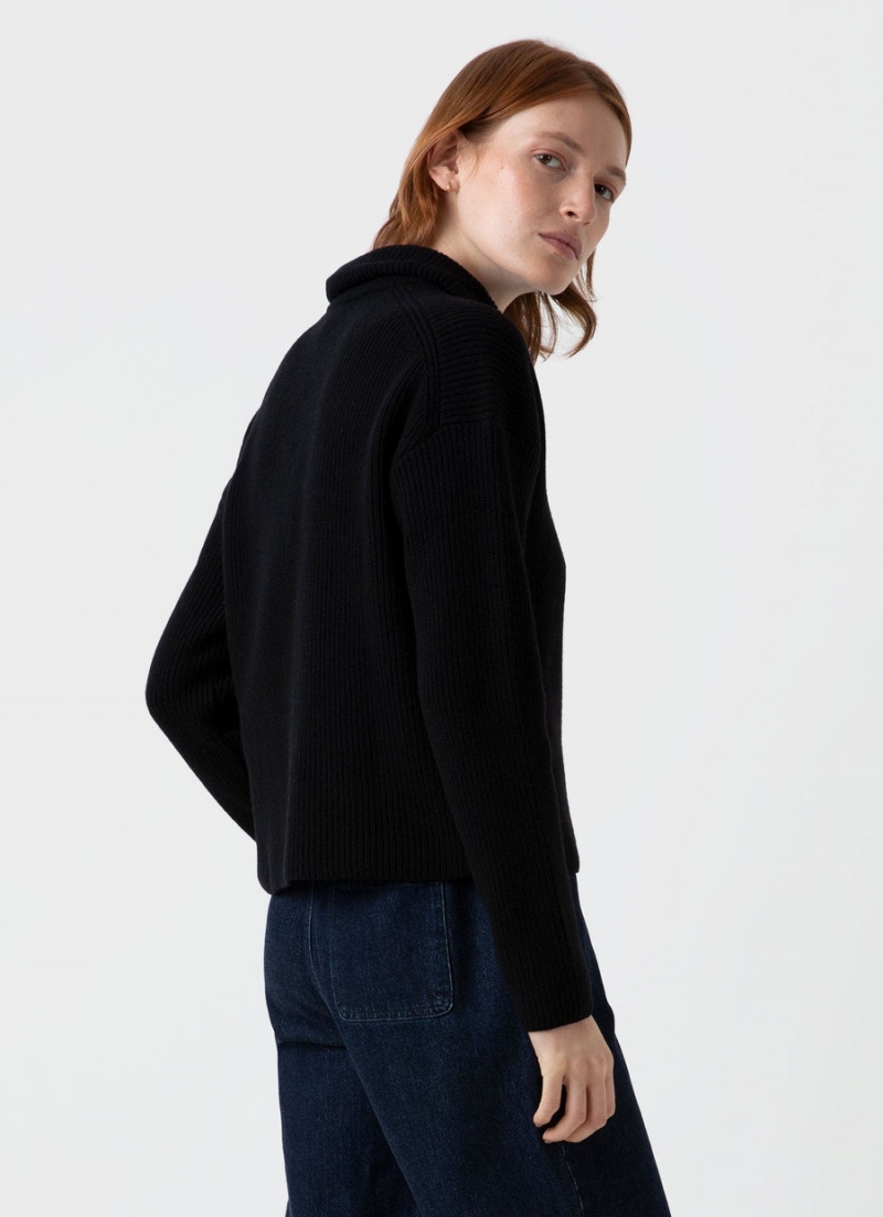 Black Sunspel Wool Cashmere Rib Zip Neck | 34067-LUWP | USA