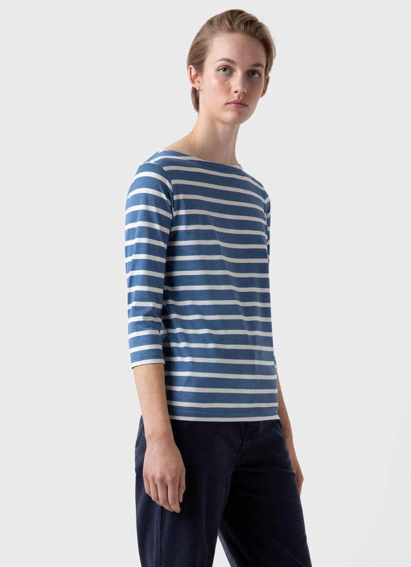 Blue Sunspel 3/4 Sleeve Boat Neck T-shirt | 65234-LOJI | USA