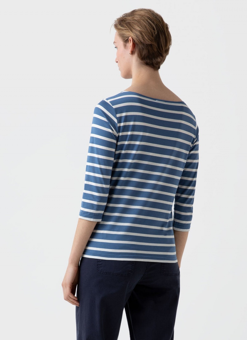 Blue Sunspel 3/4 Sleeve Boat Neck T-shirt | 65234-LOJI | USA