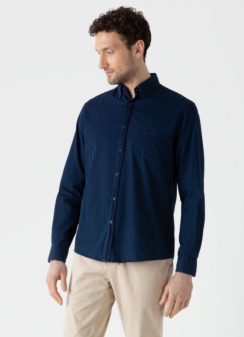 Blue Sunspel Button Down Denim Shirt | 46389-WQXG | USA